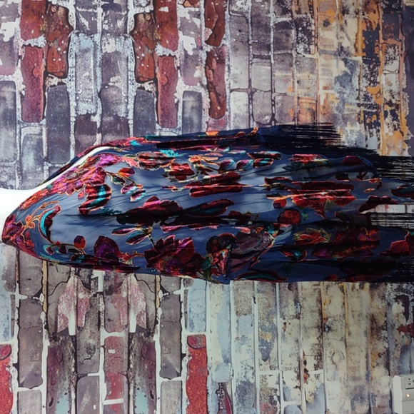 Navy Blue Mesh Kimono Jacket w/Multi Color Velvet Flowers - Picture 4 of 6